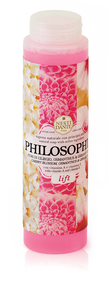 Nesti Dante Гель для душа Philosophia. Лифтинг, 300 мл5041112 Nesti Dante Гель для душа Philosophia. Лифтинг, 300 мл5041112Роскошный гель для душа Philosophia. Лифтинг с комплексом витаминов А и Е омолаживает, подтягивает и разглаживает кожу. Насыщенный аромат цветов вишни и розовой герани наполнит душу радостными воспоминаниями и пробудит чувства. Витамины А и Е, экстракт розовой герани, подарят вам расслабляющий отдых во время принятия душа и помогут коже восстановить силы после долгого дня. Входящие в состав витамины A и E укрепляют кожу, повышают упругость и эластичность, сохраняя ее молодость и красоту. Кожа остается гладкой и шелковистой. Подходит для ежедневного использования для всех типов кожи. Товар сертифицирован.
