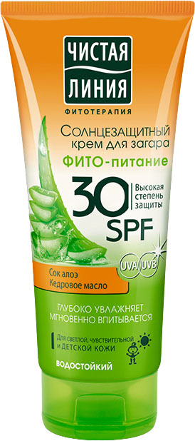 Чистая Линия Фитотерапия Солнцезащитный крем Фитопитание 30 SPF 200 мл1106329972 Чистая Линия Фитотерапия Солнцезащитный крем Фитопитание 30 SPF 200 мл1106329972Солнцезащитный крем для загара SPF 3 ФИТО-питание - высокая степень защиты, помогает предотвратить появление солнечных ожогов. Ухаживающая формула: СОК АЛОЭ для глубокого* увлажнения кожи, КЕДРОВОЕ МАСЛО для интенсивного питания кожи, Витамин Е против преждевременного старения кожи. Подходит для детей от 3-х лет и взрослых. Для всех типов кожи, особенно для светлой, чувствительной и детской.
