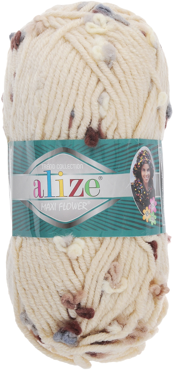 Пряжа для вязания Alize Flower, цвет: бежевый, коричневый, серый (5074), 80 м, 100 г, 5 шт693451_5074 Пряжа для вязания Alize Flower, цвет: бежевый, коричневый, серый (5074), 80 м, 100 г, 5 шт693451_5074Пряжа для вязания Alize Flower - это однотонная ровная нить, которая состоит из шерсти и акрила, с пришитыми по всей длине маленькими шерстяными разноцветными цветочками. Скручена нитка слабо, цветочки друг от друга находятся на одинаковом расстоянии и крепятся одной из ниток довольно прочно. Пряжа достаточно комфортная, и приятная, легко распускается и позволяет перевязывать изделия, если вы аккуратно обходились с цветочками. Нитки прочные, сохраняют свою скрученность, не расслаиваются. Эта оригинальная пряжа будет хорошо смотреться на всевозможных детских изделиях - жилетах, платьицах, а также хорошо ею вязать шапки, шарфы, снуды. Предназначена для ручного вязания спицами, теплая и мягкая. Рекомендованные спицы № 7-10, крючок № 6-7. Состав: 70% акрил, 25% шерсть, 5% полиамид.