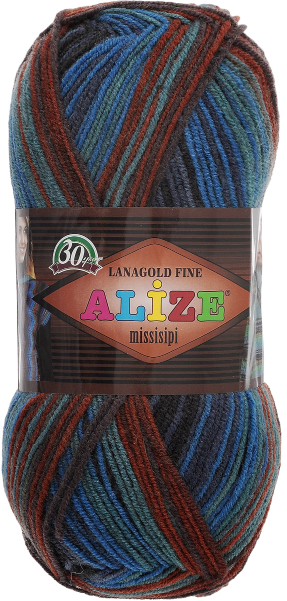 Пряжа для вязания Alize LanaGold Fine Missisipi, цвет: коричневый, зеленый, синий (3323), 390 м, 100 г, 5 шт367019_3323 Пряжа для вязания Alize LanaGold Fine Missisipi, цвет: коричневый, зеленый, синий (3323), 390 м, 100 г, 5 шт367019_3323Пряжа Alize LanaGold Fine Missisipi - это полушерстяная пряжа для ручного вязания. Нить плотно скручена, гибкая, послушная, не пушится, не электризуется, аккуратно ложится в петли, не деформируется после распускания. Стойкое равномерное окрашивание обеспечивает широкую палитру оттенков, высокое качество материала и используемых красителей защищает от потери цвета. Пряжа LanaGold Fine Missisipi мягкая, приятная, не колется, хорошо держит форму. Соотношение шерсти и акрила - формула практичности. Высокие тепловые характеристики сочетаются с эстетикой, носкостью и простотой ухода за вещью. Это классическая пряжа для зимнего сезона, которая может использоваться для детской и взрослой одежды. Она будет хорошо смотреться в узорах любой сложности, уместна в разных теплых изделиях. Состав: 49% шерсть, 51% акрил. Рекомендованные спицы 2,5-4 мм и крючок для вязания 2-4 мм.