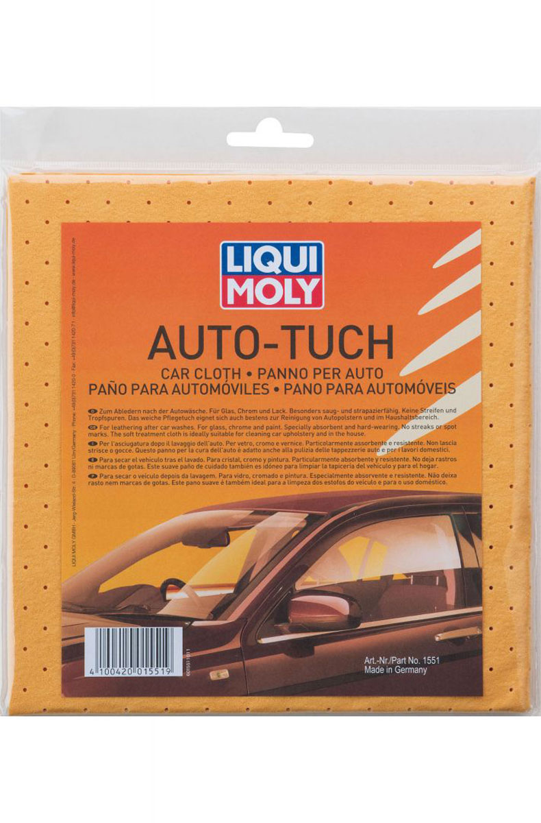 Салфетка Liqui Moly Auto-Tuch, впитывающая1551 Салфетка Liqui Moly Auto-Tuch, впитывающая1551Нетканый материал имитирующий натуральную замшу, для эффективного удаления влаги с остеклённых поверхностей автомобиля после мойки.