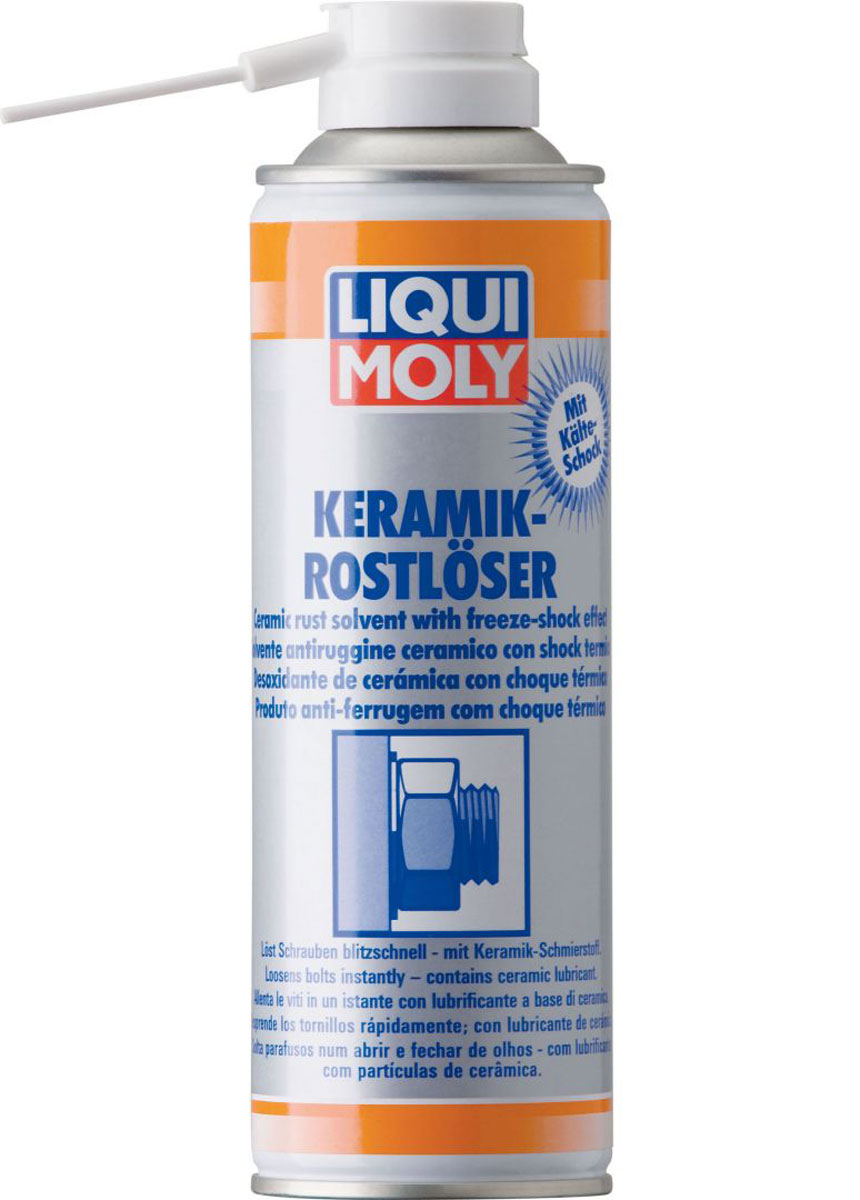 Растворитель ржавчины Liqui Moly Keramik Rostloser mit Kalteschock, 0,3 л1641 Растворитель ржавчины Liqui Moly Keramik Rostloser mit Kalteschock, 0,3 л1641Liqui Moly Keramik Rostloser mit Kalteschock - это средство усиленного действия для удаления ржавчины и демонтажа очень сильно приржавевших деталей, в том числе в случая поврежденной коррозией резьбы. Обеспечивает легкую разборку заржавевших соединений. Средство может применяться в самых широких областях: на станциях технического обслуживания, в быту, в промышленности. После применения обеспечивает защиту от коррозии. Особенности: Растворяет ржавчину. Создает перепад температур, уменьшающий линейные размеры деталей (холодный шок). Быстрого проникновения. Предотвращает возникновение коррозии. Нейтрален к пластикам, лакам и металлам. Вытесняет воду. Понижает трение благодаря микрокерамическим частицам. Основа: комбинация масел, активные вещества, микро керамика. Товар сертифицирован.