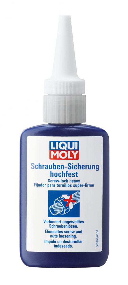 Средство для фиксации винтов Liqui Moly Schrauben-Sicherung hochfest, сильная фиксация, 50 г3804 Средство для фиксации винтов Liqui Moly Schrauben-Sicherung hochfest, сильная фиксация, 50 г3804Средство Liqui Moly Schrauben-Sicherung hochfest применяется для предотвращения самоотвинчивания крепежа из-за повышенных нагрузок и вибрации, а также для герметизации резьбы или тонких зазоров и для защиты от коррозии. Подходит для любых резьбовых соединений двигателя, трансмиссии, ходовой части автомобилей, мотоциклов, силовой техники и в промышленности. Работает в том числе на замасленных поверхностях. На производстве флакон заполняется продуктом не более, чем наполовину, чтобы иметь гарантированный контакт состава с воздухом. Особенности: Устойчиво к большим вибрациям. Широкий температурный диапазон применения. Быстрое затвердевание. Заданные момент/напряжение откручивания. Применимо на масляных поверхностях. Уплотняет резьбы, предотвращает откручивание. Основа: диметакриловые эфиры. Товар сертифицирован.