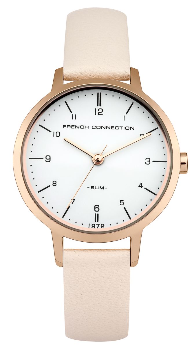 Часы наручные женские French Connection Slim Range, цвет: золотистый, бежевый. FC1256CRGFC1256CRG Часы наручные женские French Connection Slim Range, цвет: золотистый, бежевый. FC1256CRGFC1256CRGСтильные часы French Connection Slim Range - это модный и практичный аксессуар, который не только выгодно дополнит ваш наряд, но и будет незаменим для каждой современной девушки, ценящей свое время. Корпус выполнен из нержавеющей стали. Контрастный циферблат оформлен логотипом бренда. Корпус изделия имеет степень влагозащиты 3 Bar, оснащен кварцевым механизмом и дополнен устойчивым к царапинам минеральным стеклом. Изысканный ремешок выполнен из натуральной кожи и дополнен пряжкой, которая позволяет с легкостью снимать и надевать изделие. Часы поставляются в фирменной упаковке. Часы French Connection подчеркнут изящество ваших рук и ваш неповторимый стиль и элегантность.