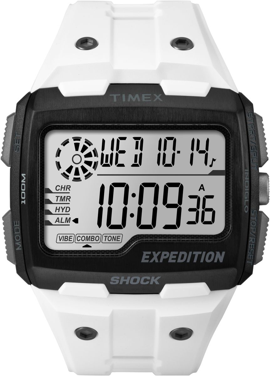 Наручные часы мужские Timex Digital Shock, цвет: белый. TW4B04000TW4B04000 Наручные часы мужские Timex Digital Shock, цвет: белый. TW4B04000TW4B04000Ударопрочность I.S.O. Верхняя часть безеля из нержавеющей стали, Секундомер, таймер обратного отсчета, будильник с вибрацией & hydration alerts,Водозащита 10АТМ, Подстветка INDIGLO,Ширина корпуса 50мм, Ширина ремешка 12мм, Черный силиконовый корпус