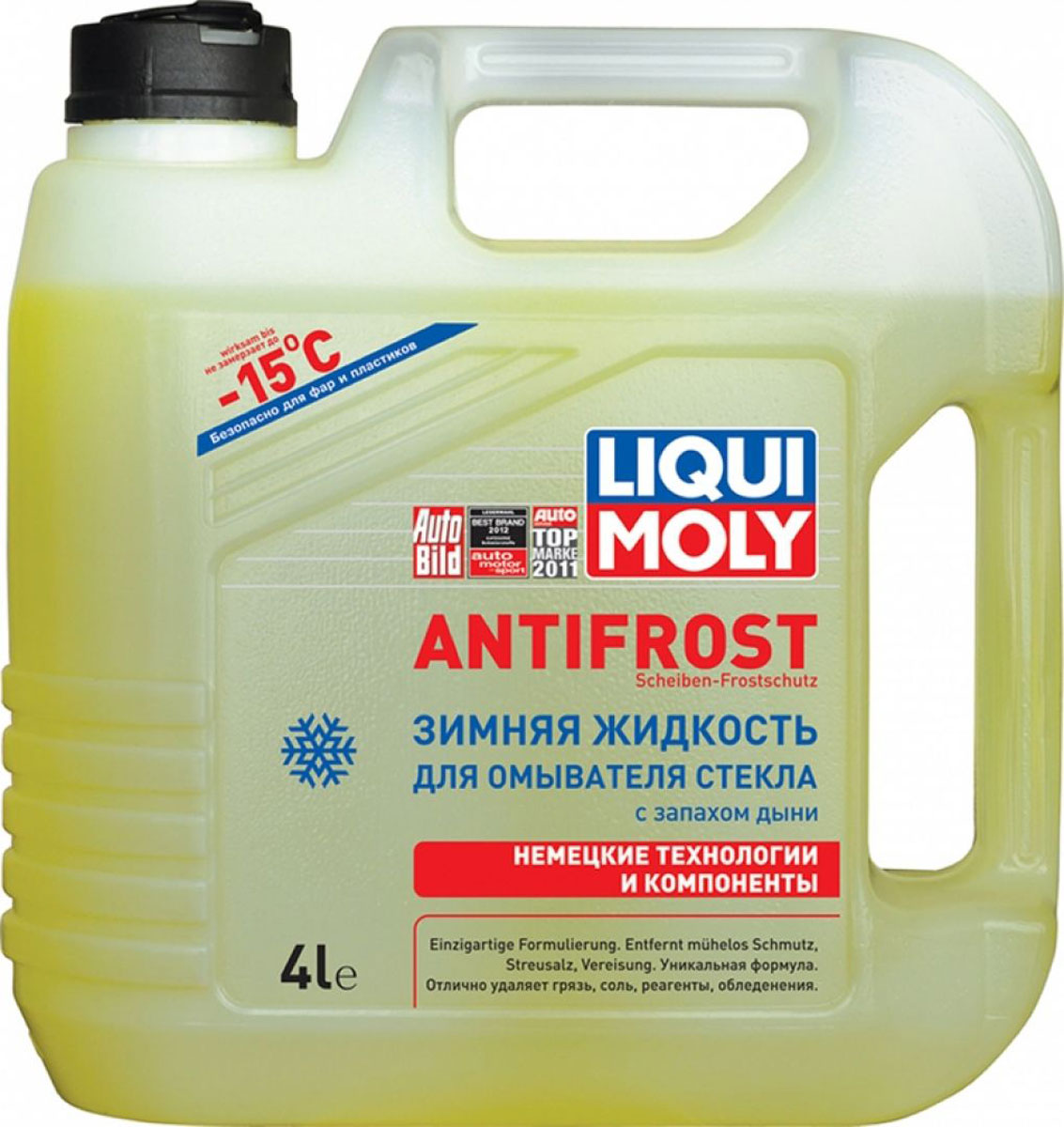 Жидкость для омывателя LiquiMoly Antifrost Scheiben-Frostschutz -15, зимняя, 4 л00649 Жидкость для омывателя LiquiMoly Antifrost Scheiben-Frostschutz -15, зимняя, 4 л00649Стеклоомывающая жидкость для использования в зимний период при температуре до -15 °С с ароматом Дыни. Рекомендуется к использованию в начале и конце зимы.