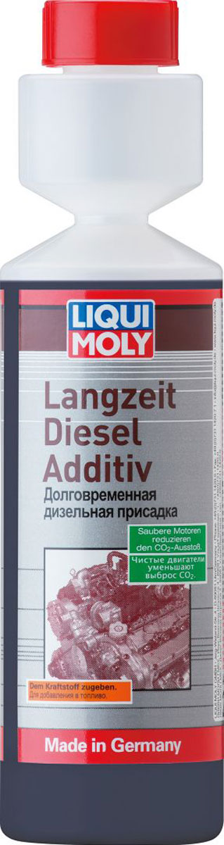Присадка Liqui Moly Langzeit Diesel Additiv, долговременная, дизельная, 0,25 л2355 Присадка Liqui Moly Langzeit Diesel Additiv, долговременная, дизельная, 0,25 л2355Концентрированное комплексное средство Liqui Moly Langzeit Diesel Additiv применяется для очистки защиты топливных дизельных систем от нагара, закоксовок, коррозии. Нивелирует проблемы, вызванные использованием некачественного дизельного топлива (при использовании при каждой заправке). Работает по всей топливной системе. При постоянном использовании поддерживает всю систему в чистоте, сохраняя мощностные параметры двигателя. Удобная компактная упаковка имеет дозатор с делениями по 10 мл. Особенности: Поддерживает в чистоте дизельную систему впрыска топлива. Эффективна для всех систем дизельного впрыска. Повышает надежность эксплуатации. Предназначена для автомобилей с дизельными катализаторами и сажевыми фильтрами. Сокращает издержки в эксплуатации. Для постоянного использования. Основа: присадки в жидкости-носителе. Товар сертифицирован.