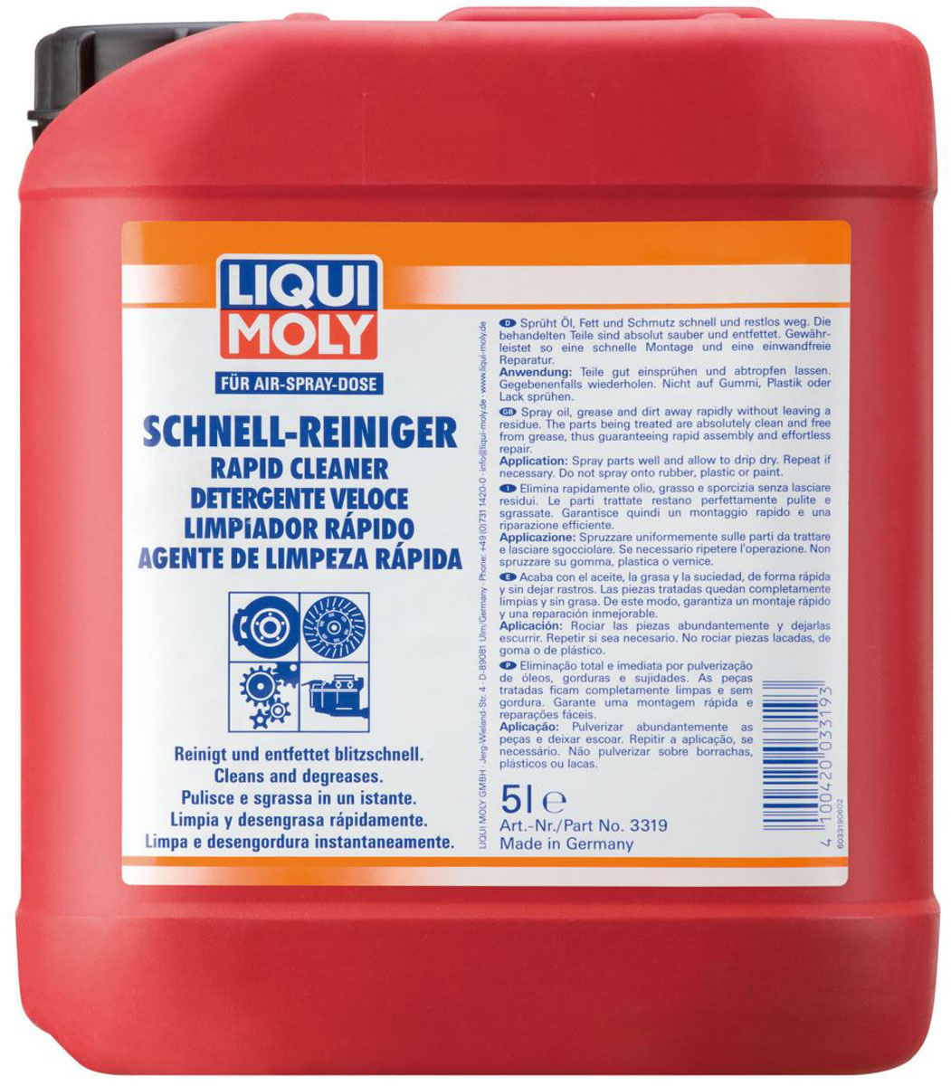 Очиститель Liqui Moly Schnell-Reiniger, быстрый, 4 л3956 Очиститель Liqui Moly Schnell-Reiniger, быстрый, 4 л3956Liqui Moly Schnell-Reiniger применяется для быстрого обезжиривания и очистки различных деталей автомобиля. Используется для очистки от масляных и жировых загрязнений деталей тормозной системы, коробки передач, сцепления и других частей автомобиля. Быстро испаряется, не оставляет следов. Хорошо удаляет остатки смол и смазок. Обладает отличным проникающим действием. Не оставляет следов. Не содержит ацетона и хлора. Особенности: Высокая проникающая способность. Быстрое и без остаточное испарение. Растворяет смолообразные и дегтеобразные остатки. Устраняет загрязнения из масла и густой смазки. Высокий удельный вес активных веществ Абсолютно не содержит хлора и ацетона. Не воздействует на окружающую среду. Экономичен и универсален в применении. Основа: смесь растворителей, без содержания ацетона. Товар сертифицирован.