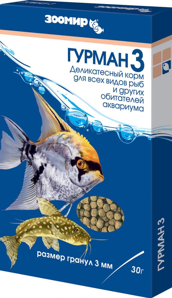 Корм для рыб Зоомир Гурман, размер гранул 3 мм, 30 г546 Корм для рыб Зоомир Гурман, размер гранул 3 мм, 30 г546Зоомир Гурман - универсальный гранулированный корм для большинства обитателей аквариумов. Тонущие гранулы изготовлены по специальной технологии. В поверхностный слой гранул введен натуральный активный стимулятор аппетита, что придает им особую привлекательность. Корм отличается высокой усвояемостью, не замутняет воду. Рекомендуется для кормления большинства крупных и средних аквариумных рыб, черепах, моллюсков и ракообразных. Состав: гаммарус, трубочник, мотыль, мука рыбная, мука травяная, мука пшеничная, мука креветочная, морские водоросли, спирулина, витаминно-минеральный комплекс. Товар сертифицирован.