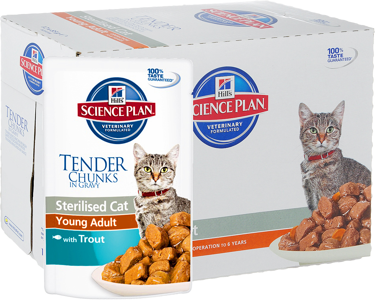 Консервы Hills Sterilised Cat Young Adult для стерилизованных кошек до 6 лет, с форелью, 85 г, 12 шт3767_12 Консервы Hills Sterilised Cat Young Adult для стерилизованных кошек до 6 лет, с форелью, 85 г, 12 шт3767_12Стерилизованные кошки в три раза более склонны к набору лишнего веса и образованию камней в мочевом пузыре. Консервы Hills Sterilised Cat Young Adult способствует гармоничному развитию и удовлетворяет специфические потребности стерилизованных кошек. Содержит комплекс антиоксидантов с клинически подтвержденным эффектом и уникальную формулу контроля веса. Ключевые преимущества Уникальная формула контроля веса способствует сжиганию жира и укреплению мышц Контролируемые уровни минералов для поддержания здоровья мочевыводящих путей Легко усваиваемые ингредиенты для оптимального всасывания Ингредиенты высокого качества. 100% гарантии качества, консистенции и вкуса Содержит Hills WMF (Формулу Контроля Веса) Энергетическая ценность, содержание жира снижены, что помогает предотвратить набор веса Добавлен L-карнитин, который облегчает превращение жиров в энергию, ограничивая их отложение Добавлен L-лизин, что помогает...
