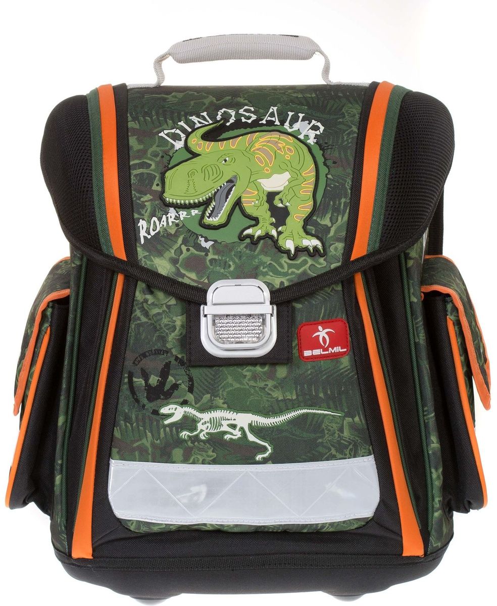 Belmil Ранец школьный Dinosaur404-5/442 Belmil Ранец школьный Dinosaur404-5/442Школьный ранец Belmil Dinosaur выполнен из прочных и высококачественных материалов. Ранец содержит одно вместительное отделение, закрывающееся клапаном на застежку-защелку. Внутри отделения имеется мягкая перегородка для тетрадей или учебников. Под клапаном на лицевой стороне находятся два открытых кармана, фиксирующиеся хлястиком на липучке. В одном кармане имеются два небольших открытых кармашка. Клапан полностью откидывается, что существенно облегчает пользование ранцем. На внутренней части клапана находится прозрачный пластиковый кармашек, в который можно поместить расписание занятий. Ранец имеет два боковых кармана, закрывающиеся клапанами на липучке. Жесткий каркас и анатомическая форма спинки способствуют равномерному распределению нагрузки и формированию правильной осанки. Конструкция спинки дополнена эргономичными подушечками, противоскользящей сеточкой и системой вентиляции для предотвращения запотевания спины ребенка. Мягкие широкие лямки позволяют легко и быстро...
