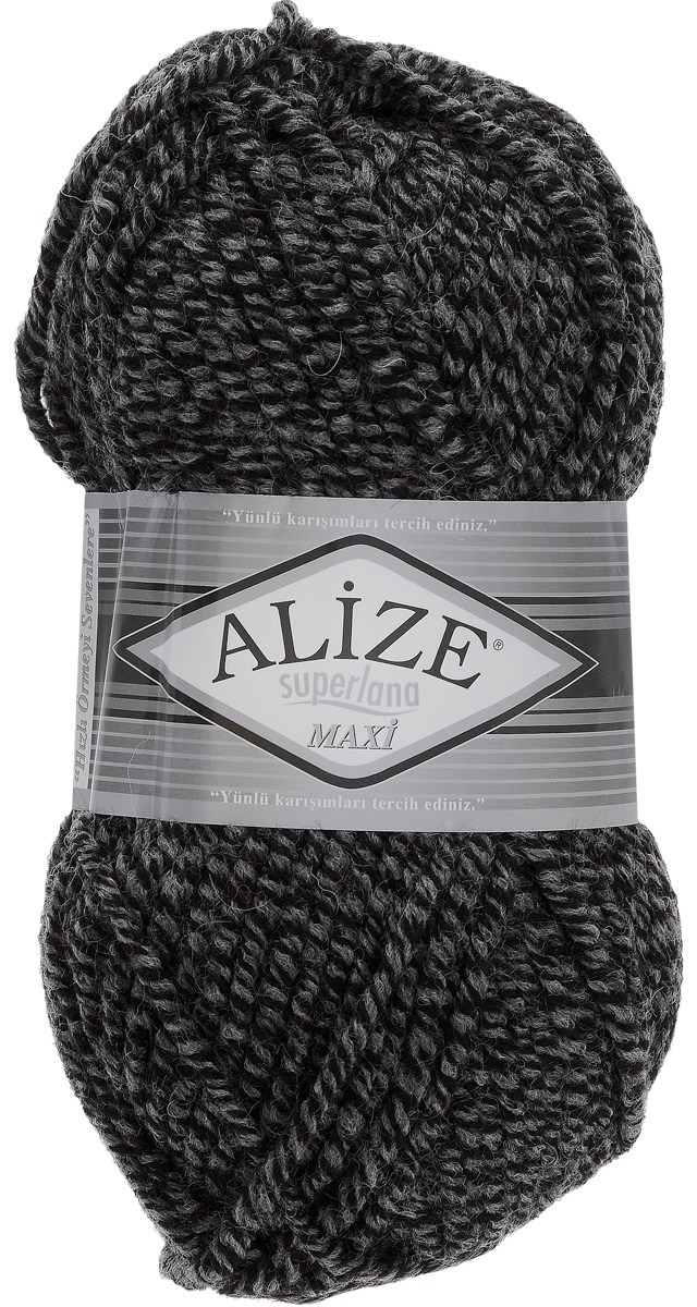 Пряжа для вязания Alize Superlana Maxi, цвет: черный, серый (600), 100 м, 100 г, 5 шт364131_600 Пряжа для вязания Alize Superlana Maxi, цвет: черный, серый (600), 100 м, 100 г, 5 шт364131_600Пряжа Alize Superlana Maxi обладает плотной скруткой (немного напоминает шнурок), при этом нить мягкая, чуть упругая. Благодаря составу и скрутке петли отлично ложатся одна к другой, вязаное полотно получается ровное и однородное. Пряжа с умеренным, недлинным ворсом, отлично ложится в узор и держит его. Мягкая, очень комфортная как для работы, так и для носки. В качестве моделей для вязки можно рекомендовать плотные вещи: пальто, осенние длинные кардиганы, пончо, болеро, мужские свитера. Рассчитана на любой уровень мастерства, но особенно понравится начинающим мастерицам - благодаря толстой нити пряжа Alize Superlana Maxi позволяет быстро связать простую вещь. Структура и состав пряжи максимально комфортны для вязания. Рекомендуемый размер спиц: № 8-10 мм. Состав: 75% акрил, 25% шерсть.