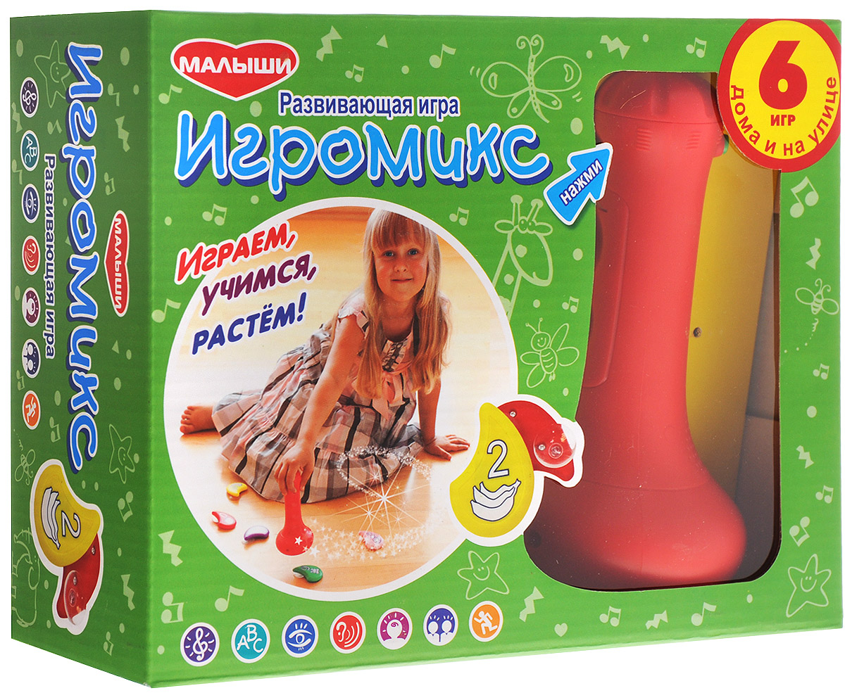 Dream Makers Развивающая игра ИгромиксFL800 Dream Makers Развивающая игра ИгромиксFL800Обучающая игра Игромикс поможет вашему ребенку весело и легко освоить счет и математические действия. Игра включает в себя 6 режимов: Угадай-ка! Складывай и вычитай Умножай и дели Кто запомнит больше Угадай число Играем командой Режимы выбираются нажатием специальной кнопки на пластиковом модуле. Игра обучает счету, простым и сложным математическим операциям, основным цветам, знакомит с образами животных и предметов, а также прекрасно развивает память. В комплекте: управляющий говорящий модуль, 10 фишек с присосками и подробная инструкция к игре. Для работы требуются 3 батарейки типа ААА (комплектуется демонстрационными).