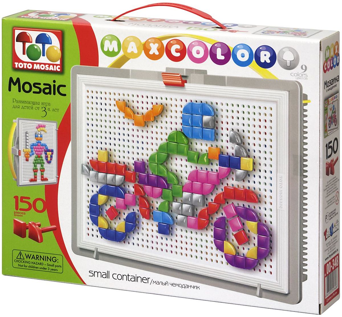 Toto Mosaic Мозаика Скорость00-348 Toto Mosaic Мозаика Скорость00-348Мозаика «MAXCOLOR» Smal container – яркая, увлекательная, развивающая игра для детей от 3-х лет и старше. Она способствует развитию творческих способностей ребенка, его воображения, внимания, усидчивости, умению доводить начатое дело до конца, а так же координации и моторики движения рук. Все эти качества делают мозаику незаменимым пособием для успешной подготовки ребят 3-5 лет к началу обучения в школе. Комплектация «MAXCOLOR» ФИШКИ Игра комплектуется фишками различного размера (o 20, o 15, o 10, o 5) округлой формы, которые удобно и приятно держать в руках, поэтому с ними справится даже самый крохотный малыш. Фишки o 20 рассчитаны на самых маленьких игроков. Так же, в этой серии имеются наборы, комплектуемые треугольными и квадратными фишками. Они рассчитаны на детей постарше. ПЛАТА Все фишки легко крепятся и легко снимаются с игрового поля – платы, которая позволяет малышу не ограничивать свои движения при складывании мозаики. Её оригинальная конструкция...