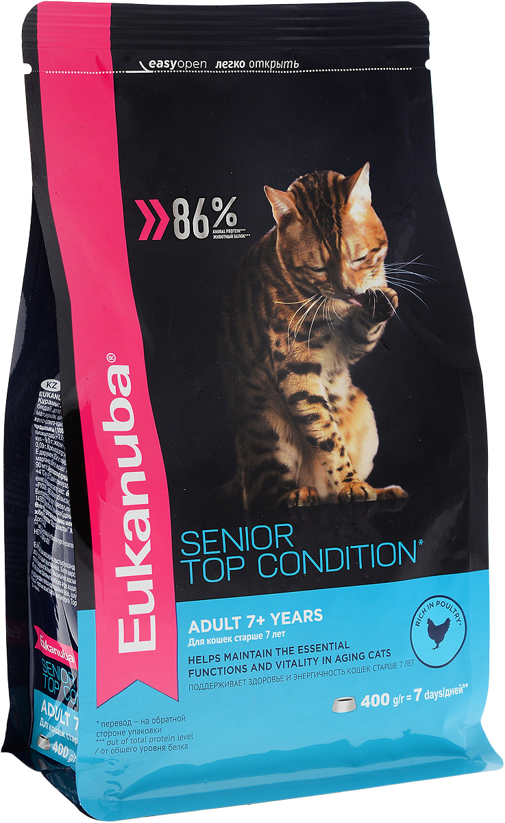 Корм сухой Eukanuba Senior Top Condition для пожилых кошек, с домашней птицей, 400 г10144124 Корм сухой Eukanuba Senior Top Condition для пожилых кошек, с домашней птицей, 400 г10144124Сухой корм Eukanuba Senior Top Condition - полнорационный сухой корм для кошек старше 7 лет. Корм поддерживает здоровье и энергичность пожилых кошек. 100% сбалансированный корм, поддерживает здоровье кошки по шести ключевым признакам. 1. НАДЕЖНАЯ ЗАЩИТА Способствует поддержанию иммунной системы за счет антиоксидантов. 2. ОПТИМАЛЬНОЕ ПИЩЕВАРЕНИЕ Способствует поддержанию здоровой кишечной микрофлоры за счет пребиотиков и клетчатки. 3. ЗДОРОВЬЕ МОЧЕВЫВОДЯЩЕЙ СИСТЕМЫ Разработан специально для поддержания здоровья мочевыводящий путей. 4. СИЛЬНЫЕ МЫШЦЫ Белки животного происхождения способствуют росту и сохранению мышечной массы. Содержит 88% животного белка (от общего уровня белка). 5. ЗДОРОВЬЕ КОЖИ И ШЕРСТИ Способствует сохранению здоровья кожи и блестящей шерсти, благодаря рыбьему жиру и оптимальному соотношению омега-6 и омега-3 жирных кислот. 6. ЗДОРОВЫЕ ЗУБЫ Поддерживает здоровье зубов. ...