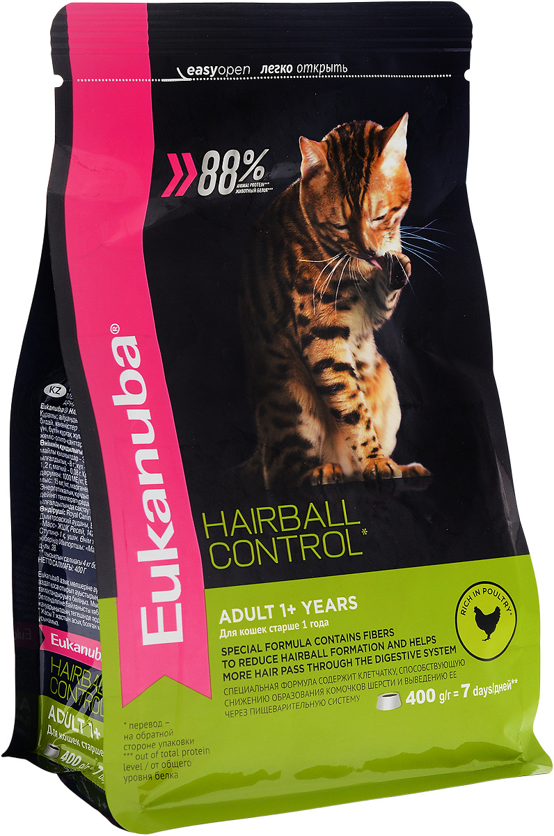 Корм сухой Eukanuba Heirball Control, для взрослых кошек, живущих в помещении, для профилактики образования комков шерсти, с домашней птицей, 400 г10144216 Корм сухой Eukanuba Heirball Control, для взрослых кошек, живущих в помещении, для профилактики образования комков шерсти, с домашней птицей, 400 г10144216Сухой корм Eukanuba Heirball Control является полноценным сбалансированным питанием для взрослых кошек возрастом от 1 года и старше, предназначенный для профилактики образования комков шерсти в желудке. Не содержит искусственных красителей, консервантов и вкусовых добавок. Особенности корма: - способствует поддержанию иммунной системы за счет антиоксидантов; - способствует поддержанию здоровой кишечной микрофлоры за счет пребиотиков и клетчатки; - разработан специально для поддержания здоровья мочевыводящий путей; - белки животного происхождения способствуют росту и сохранению мышечной массы; - способствует сохранению здоровья кожи и блестящей шерсти, благодаря рыбьему жиру и оптимальному соотношению омега-6 и омега-3 жирных кислот; - поддерживает здоровье зубов. Состав: белки животного происхождения (домашняя птица 43%, натуральный источник таурина), жир животный, пшеница, овощные волокна, пульпа...