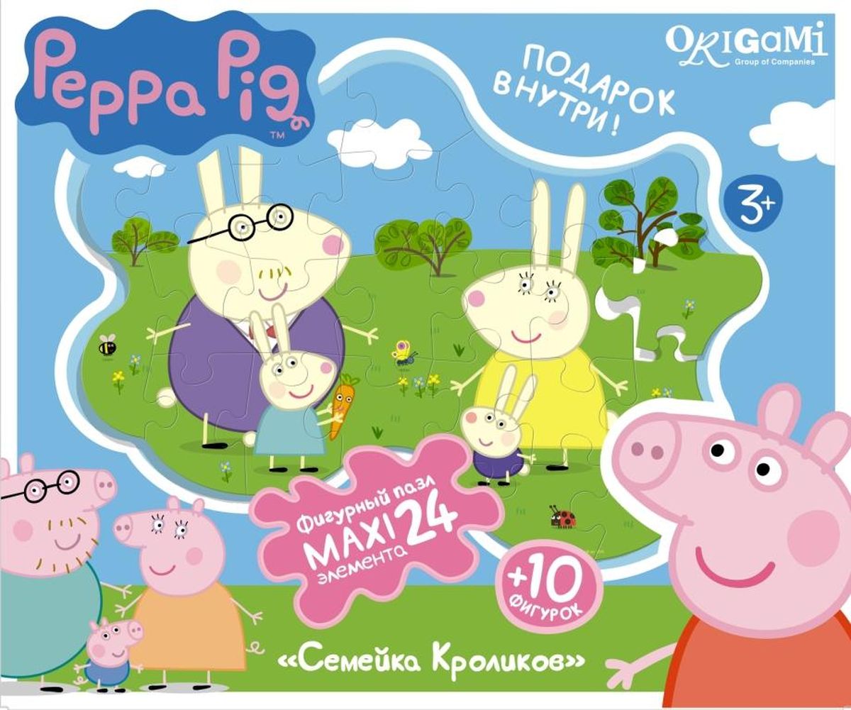 Оригами Пазл Peppa Pig Супер-макси Семья кроликов01538 Оригами Пазл Peppa Pig Супер-макси Семья кроликов01538Пазл супер-макси на 24 элемента увлекательное, а главное полезное занятие для ребенка. Пазл за пазлом ваш непоседа соберет огромный пазл и скоро сможет порадоваться результату своей работы! Приключения Свинки Пеппа и ее семьи добавят живого интереса к процессу сборки. В набор также входят клеевые магниты и подставки. Магниты можно приклеить к персонажам пазла и повесить на холодильник. А подставки сделают фигуры устойчивыми, для детских игр.