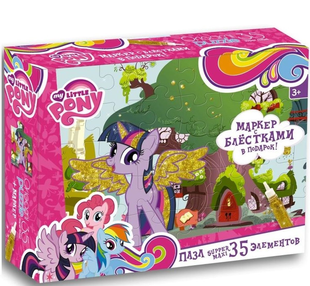 Оригами Пазл MLP 0210802108 Оригами Пазл MLP 0210802108Пазл Супер-макси на 35 элементов это прекрасный подарок для маленькой принцессы. В комплект входит маркер, которым можно раскрасить пони, что придаст рисунку яркость и объем. А большие элементы пазла без труда соберет даже самый маленький непоседа. Герой этого набора – Принцесса Сумеречная Искорка. Она необычайно умна, к тому же прирожденный лидер. Используя свои умения и способности, она успешно помогает подружкам-пони достигать поставленных целей, при этом всегда узнаёт что-то новое о самой себе.