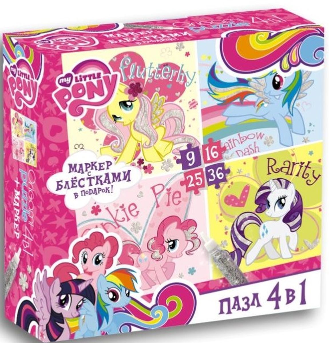 Оригами Пазл MLP 4 в 1 и 0210602106 Оригами Пазл MLP 4 в 1 и 0210602106Пазл 4 в 1 на 9, 16, 25, 36 элемента с маленькими пони – это приятный сюрприз для каждой принцессы. Собери красочные картинки с героями мульт-сериала «My little pony»! Это легко и просто. Пазл за пазлом пони страны Эквестрии будут рассказывать свои истории и делиться секретами.