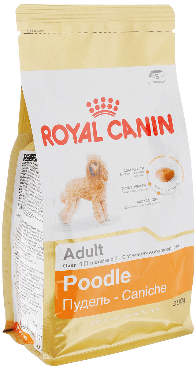 Корм сухой Royal Canin Poodle Adult, для собак породы пудель в возрасте старше 10 месяцев, 500 г00612 Корм сухой Royal Canin Poodle Adult, для собак породы пудель в возрасте старше 10 месяцев, 500 г00612Сухой корм Royal Canin Poodle Adult специально создан для собак породы пудель в возрасте старше 10 месяцев. Пудель - это одна из самых известных и популярных сегодня пород декоративных пород собак. Мало кто знает, но это животное не только красиво и обаятельно, но еще и занимает второе место в списке самых умных пород собак. Надолго сохранить ясность ума и здоровую шерсть поможет правильное сбалансированное питание. Корм для пуделя насыщен витаминами, аминокислотами и минералами, жизненно необходимыми собакам этой породы. Продукт содержит питательные вещества, которые помогают поддерживать идеальное состояние кожи и шерсти. Формула снижает риск заболевания зубного камня благодаря ингредиентам, связывающим свободный кальций в слюне. Мышечный тонус. Способствует поддержанию мышечного тонуса у данной породы. Состав: кукуруза, дегидратированные белки животного происхождения (птица), изолят растительных белков, животные жиры, рис,...