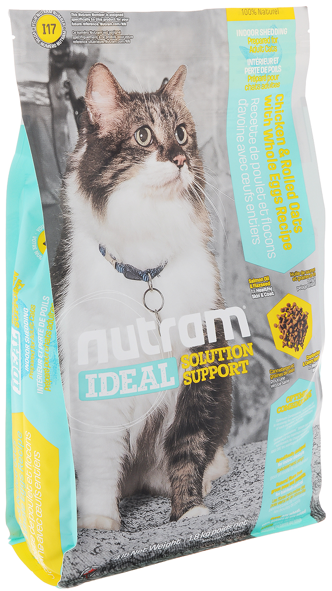 Корм сухой Nutram Ideal Solution Support I17 для кошек, живущих в помещении, с курицей, овсяными хлопьями и яйцом, 1,8 кг83092 Корм сухой Nutram Ideal Solution Support I17 для кошек, живущих в помещении, с курицей, овсяными хлопьями и яйцом, 1,8 кг83092Сухой корм Nutram Ideal Solution Support I17 - специализированный полнорационный корм для здоровья кожи и шерсти кошек, живущих в помещении. Целостный (holistic), полезный, богатый питательными веществами сухой корм для кошек, который улучшает самочувствие и здоровье питомцев по принципу изнутри наружу. Подход Nutram к целостному питанию начинается с ингредиентов с низким содержанием жира для удовлетворения потребностей кошек при домашнем образе жизни. Для этого корма специально разработано особое соотношение жира лососевых рыб и семян льна. Эти ингредиенты богаты Омега-3 жирными кислотами, которые позволяют обеспечить все необходимые питательные вещества для поддержания здоровой кожи и шерсти. Кроме того, натуральная клетчатка зеленого горошка и легко усваиваемой тыквы улучшают перистальтику кишечника, способствуют естественному выведению комочков шерсти. Особенности: - Содержит мясо курицы, овсяные хлопья и цельные яйца; - Натуральная клетчатка...