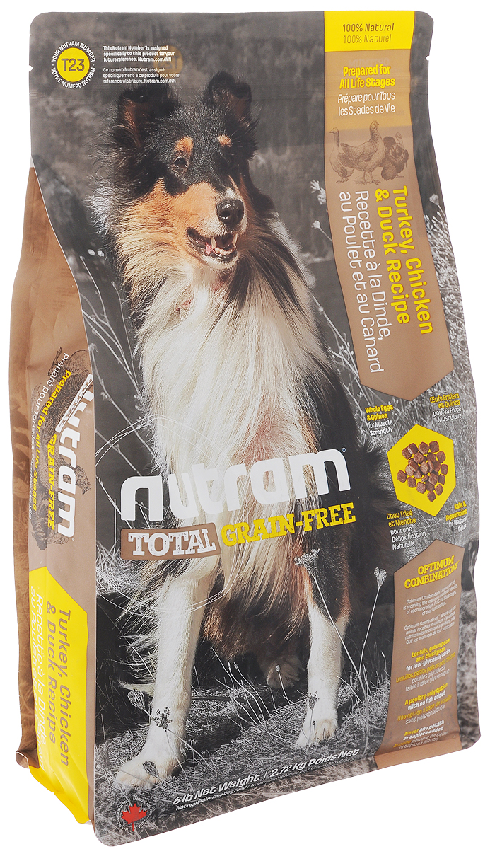 Корм сухой Nutram Total Grain-free T23, для собак, беззерновой, с индейкой, курицей и уткой, 2,72 кг82750 Корм сухой Nutram Total Grain-free T23, для собак, беззерновой, с индейкой, курицей и уткой, 2,72 кг82750Сухой корм Nutram Total Grain-free T23 предназначен для собак всех возрастов. В составе корма: - Нет картофеля; - Углеводы с низким гликемическим индексом (ГИ), полученные из бобовых (турецкий горох и зеленый горошек); - Органические пребиотики (морские водоросли и инулин агавы); - Мощные супер-продукты, такие как лебеда, семена чии, свежие ягоды, гранат и капуста; - Свыше 90% свежих фруктов и овощей канадского производства. Состав: мясо индейки без костей, дегидрированное мясо курицы, чечевица, зеленый горошек, бараний горох, цельные яйца, куриный жир, натуральный ароматизатор курицы, мясо утки без костей, льняное семя, морская соль, тыква, брокколи, киноа, хлорид холина, экстракт водорослей (источник докозагексаеновой кислоты), гранат, малина, листовая капуста, корень цикория (пребиотик), ламинария, витамины и минералы (витамин E, витамин А, витамин D3, витамин B3, витамин C, витамин B5, витамин B1, витамин B2, бета-каротин,...