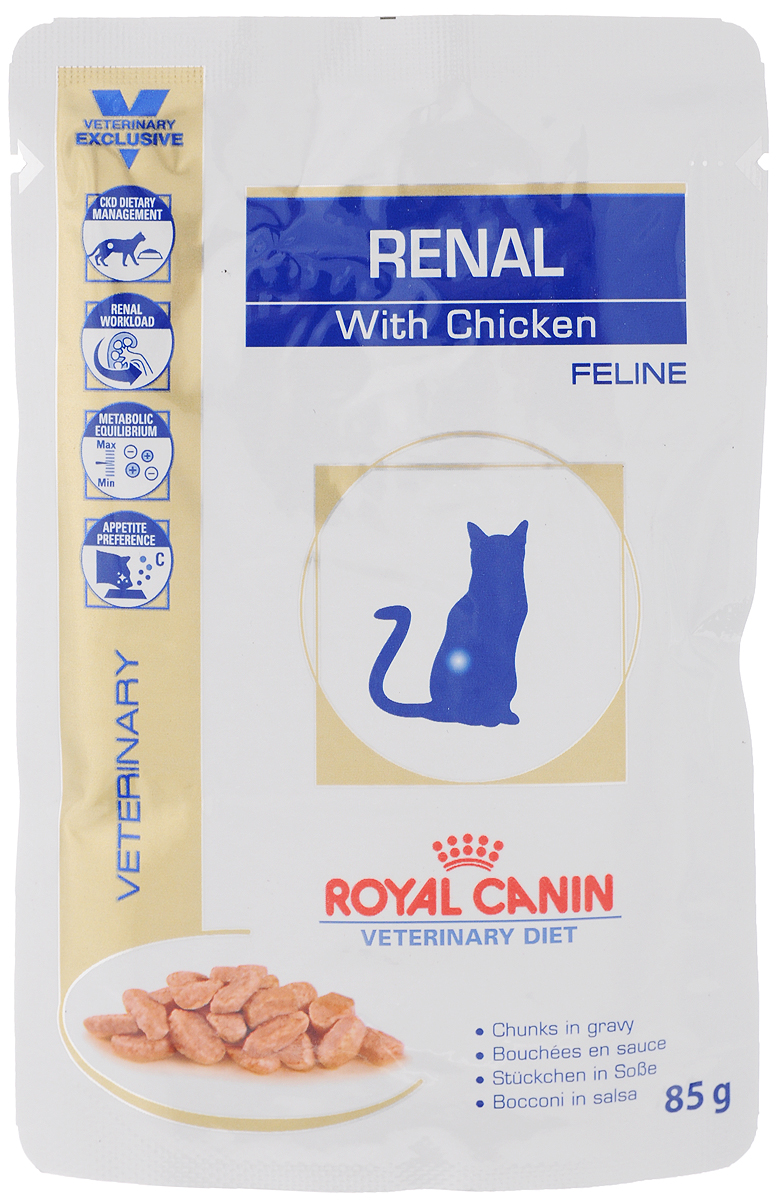 Консервы Royal Canin Renal Feline для кошек с почечной недостаточностью, с курицей, 85 г58122 Консервы Royal Canin Renal Feline для кошек с почечной недостаточностью, с курицей, 85 г58122Консервы Royal Canin Renal Feline предназначены для кошек с почечной недостаточностью. Показания: - Хроническая почечная недостаточность (ХПН) - Профилактика рецидивов образования камней оксалата кальция у кошек с ослабленной функцией почек - Профилактика рецидивов уролитиаза (уратов, цистинов), вызванных снижением уровня рН мочи Противопоказания: - Беременность, лактация, рост Длительность курса применения: Минимальный срок назначения диетотерапии составляет 6 месяцев. По истечении этого времени необходимо повторное общее обследование. Если повреждены 3/4 нефронов почек, болезнь приобретает необратимый характер, и диетотерапию назначают для применения в течение всей жизни кошки. Особенности: - Диетологическое лечение ХПН Формула продуктов специально разработана для поддержания почечной функции при ХПН. Продукты отличаются низким содержанием фосфора, содержат комплекс антиоксидантов, жирные кислоты...