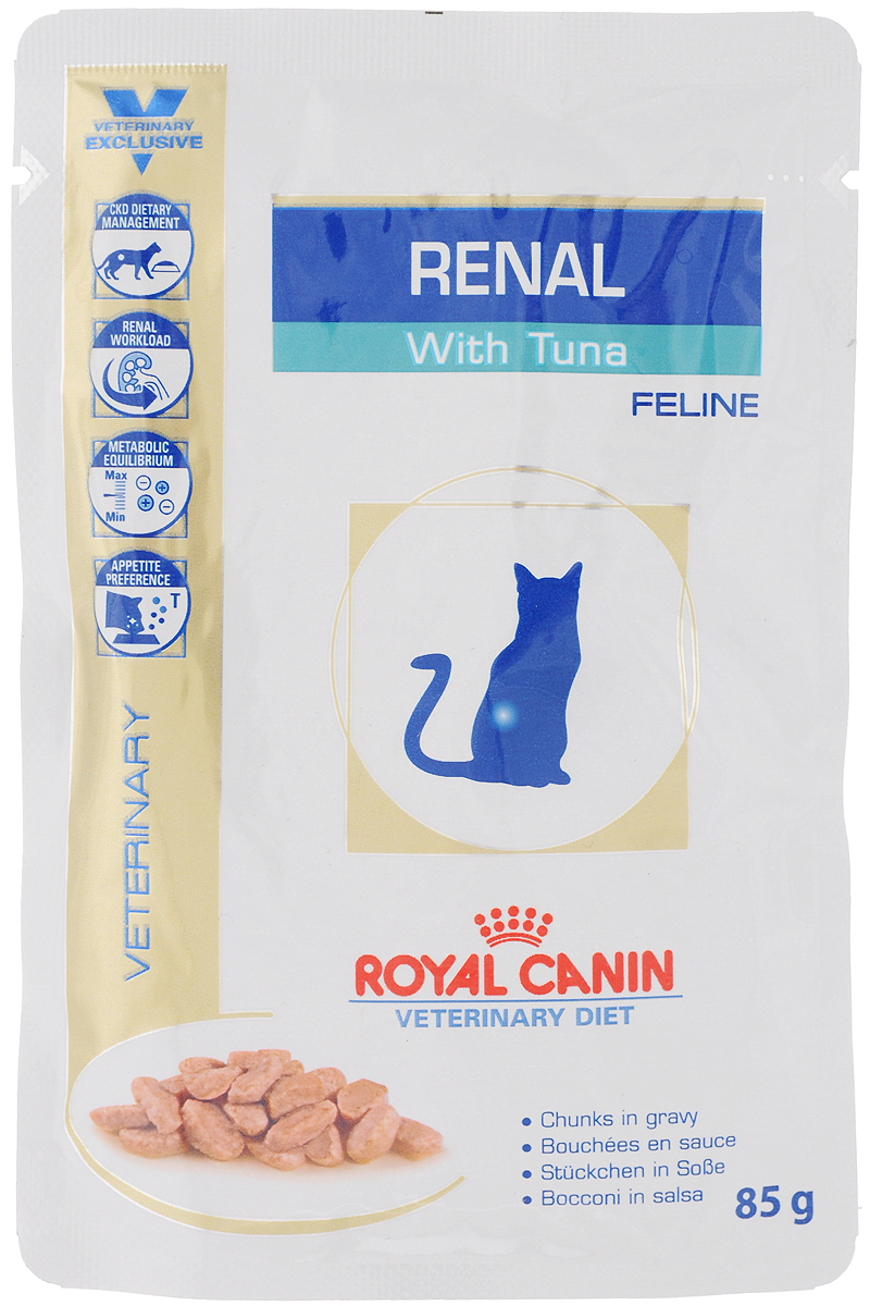 Консервы Royal Canin Renal Feline для кошек с почечной недостаточностью, с тунцом, 85 г58063 Консервы Royal Canin Renal Feline для кошек с почечной недостаточностью, с тунцом, 85 г58063Консервы Royal Canin Renal Feline предназначены для кошек с почечной недостаточностью. Показания: - Хроническая почечная недостаточность (ХПН) - Профилактика рецидивов образования камней оксалата кальция у кошек с ослабленной функцией почек - Профилактика рецидивов уролитиаза (уратов, цистинов), вызванных снижением уровня рН мочи Противопоказания: - Беременность, лактация, рост Длительность курса применения: Минимальный срок назначения диетотерапии составляет 6 месяцев. По истечении этого времени необходимо повторное общее обследование. Если повреждены 3/4 нефронов почек, болезнь приобретает необратимый характер, и диетотерапию назначают для применения в течение всей жизни кошки. Особенности: - Диетологическое лечение ХПН Формула продуктов специально разработана для поддержания почечной функции при ХПН. Продукты отличаются низким содержанием фосфора, содержат комплекс антиоксидантов, жирные...