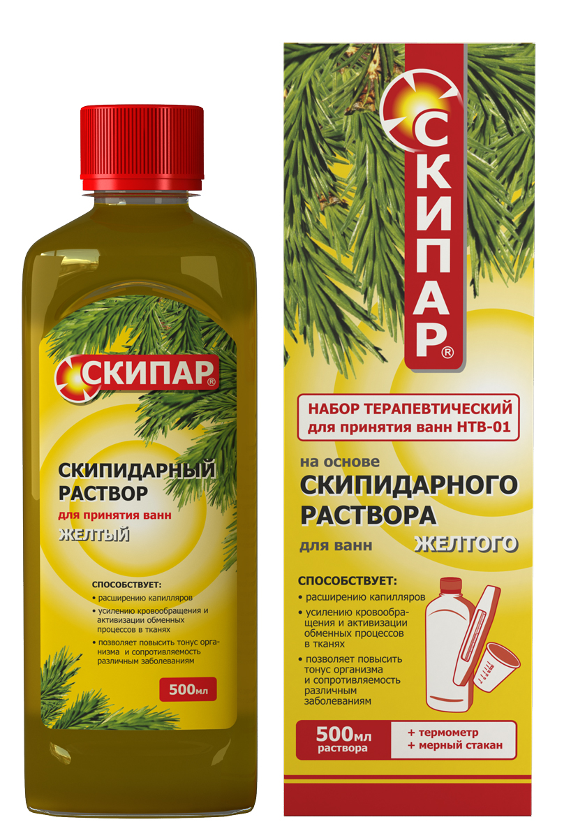 СКИПАР Скипидарный раствор желтый (набор терапевтический для ванн-01), 500 мл00000004761 СКИПАР Скипидарный раствор желтый (набор терапевтический для ванн-01), 500 мл00000004761тормозит процессы старения в клетке и соответственно старение организма в целом нормализует окислительно-восстановительные реакции и обмен веществ вызывает в капиллярной сети бурное сгорание токсических метаболитов - «шлаков» (чистит капилляры),способствует их выведению через кожу (посредством усиления потоотделения), через почки и печень нормализует повышенное артериальное давление