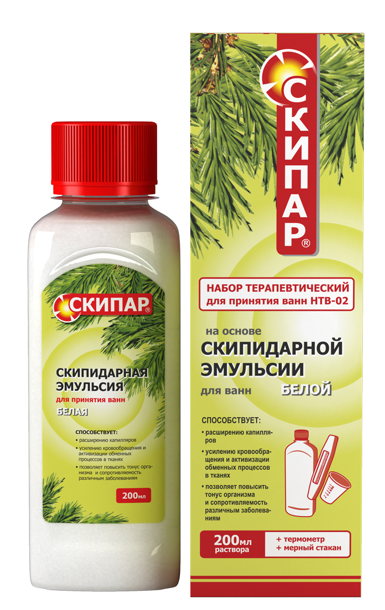 Скипидарная эмульсия белая СКИПАР 0,2 л (набор терапевтический для ванн-02)00000008912 Скипидарная эмульсия белая СКИПАР 0,2 л (набор терапевтический для ванн-02)00000008912Удобна в использовании. В наборе термометр и мерный стакан! При пониженном артериальном давлении Можно принимать как общие ванны (с погружением всего тела), так и местные ванны (с погружением в воду рук или ног) Изделие медицинского назначения. Способствует расширению капилляров усилению кровообращения и активизации обменных процессов в тканях позволяет повысить тонус организма и сопротивляемость различным болезням