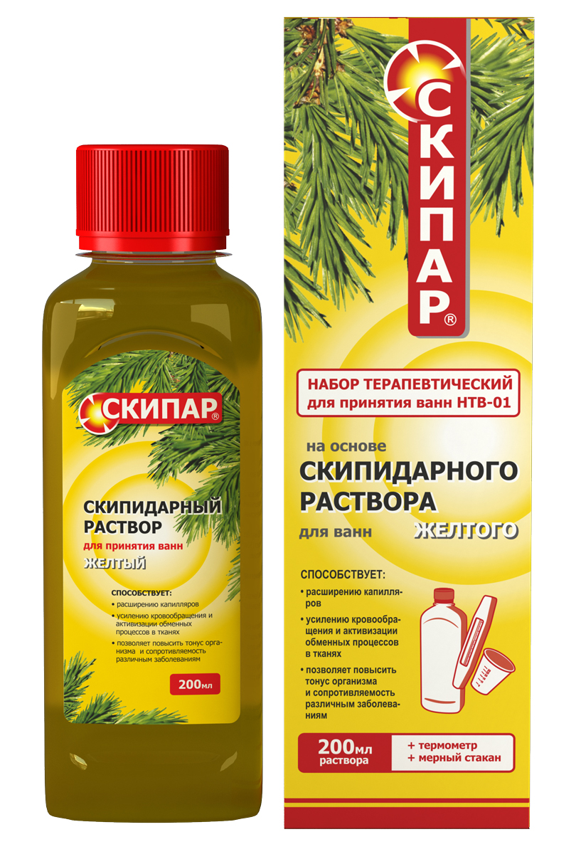 СКИПАР Скипидарный раствор желтый (набор терапевтический для ванн-01), 200 мл00000008913 СКИПАР Скипидарный раствор желтый (набор терапевтический для ванн-01), 200 мл00000008913Тормозит процессы старения в клетке и соответственно старение организма в целом нормализует окислительно-восстановительные реакции и обмен веществ вызывает в капиллярной сети бурное сгорание токсических метаболитов - шлаков (чистит капилляры),способствует их выведению через кожу (посредством усиления потоотделения), через почки и печень нормализует повышенное артериальное давление
