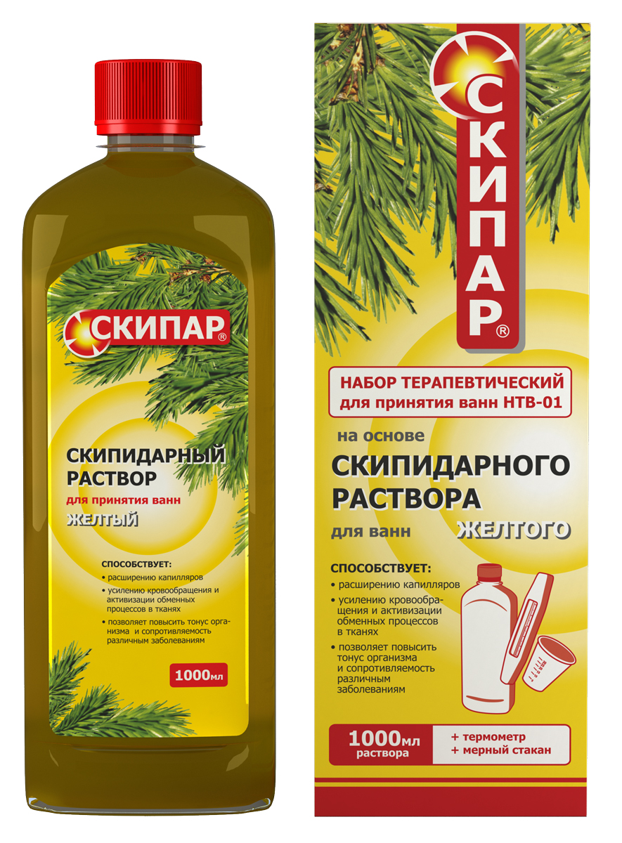 СКИПАР Скипидарный раствор желтый (набор терапевтический для ванн-01), 1000 мл00000008914 СКИПАР Скипидарный раствор желтый (набор терапевтический для ванн-01), 1000 мл00000008914Тормозит процессы старения в клетке и соответственно старение организма в целом нормализует окислительно-восстановительные реакции и обмен веществ вызывает в капиллярной сети бурное сгорание токсических метаболитов - шлаков (чистит капилляры), способствует их выведению через кожу (посредством усиления потоотделения), через почки и печень нормализует повышенное артериальное давление