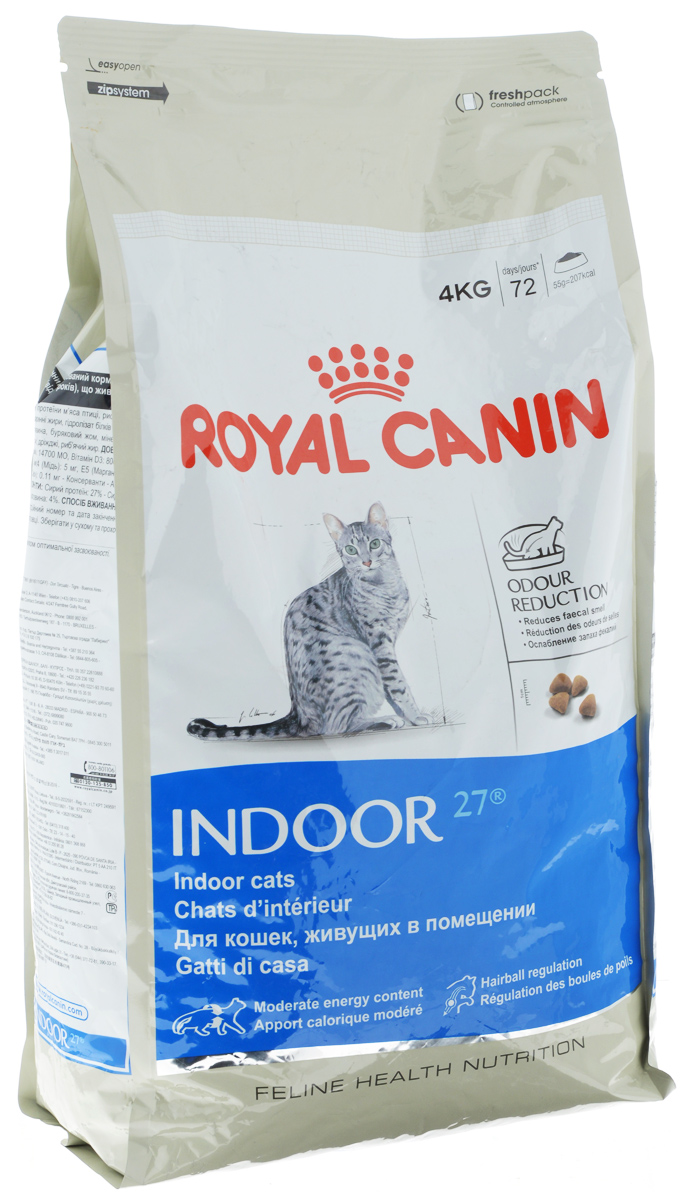 Корм сухой Royal Canin Indoor 27, для кошек в возрасте от 1 года до 7 лет, живущих в помещении, для ослабления запаха фекалий, 4 кг00695 Корм сухой Royal Canin Indoor 27, для кошек в возрасте от 1 года до 7 лет, живущих в помещении, для ослабления запаха фекалий, 4 кг00695Сухой корм Royal Canin Indoor 27 - полнорационное питание для кошек от 1 до 7 лет, живущих в помещении. Кошка, постоянно живущая в помещении, ограничена в движении, поэтому большую часть своего времени она тратит на сон и прием пищи. Низкая активность кошки вызывает вялую работу кишечника и, как следствие, появление жидкого стула с резким неприятным запахом. У домашних кошек повышается риск появления избыточного веса. Ежедневное вылизывание шерсти приводит к образованию волосяных комочков в желудке кошки. Ослабление запаха фекалий. Ослабляет запах фекалий кошки благодаря высокому содержанию L.I.P. Высокоперевариваемый корм Royal Canin Indoor 27 способствует значительному ослаблению запаха стула кошки в результате уменьшения выделения сероводорода - зловонного газа, выделяющегося из фекалий. Умеренное содержание энергии: способствует уменьшению жировых отложений у кошек за счет умеренного содержания калорий и добавления L-карнитина...