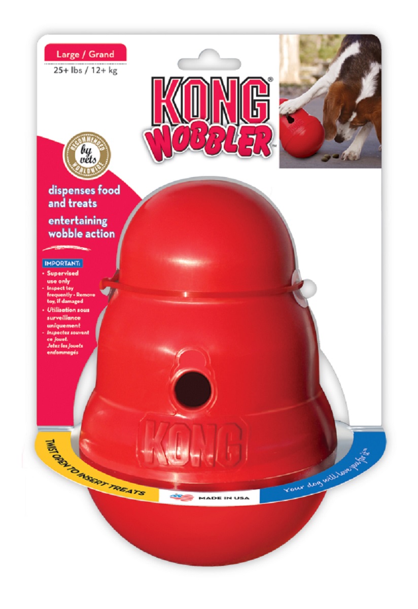 Игрушка для крупных собак Kong Wobbler, интерактивная, 13 х 13 х 19,5 смPW1E Игрушка для крупных собак Kong Wobbler, интерактивная, 13 х 13 х 19,5 смPW1EKong Wobbler - это интерактивная игрушка для собак с функцией дозировки еды. Изделие выполнено из высококачественного каучука. Игрушка стоит вертикально, пока собака не толкнет ее носом или лапой. Лакомства или корм выпадают по мере того как игрушка катится и вращается. Благодаря непредсказуемости движения, игрушка остается занимательной даже для собак, давно к ней привыкших. Вы можете использовать ее как альтернативу обычной миске, так как она помогает продлить время кормления, тем самым предотвращая переедание и набор лишнего веса. Поддержание активности и хорошей физической формы важно для профилактики заболеваний сердечно-сосудистой и опорно-двигательной системы.