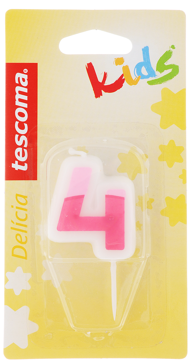 Свеча для торта Tescoma Delicia Kids, четверка, цвет: белый, розовый630974_розовый Свеча для торта Tescoma Delicia Kids, четверка, цвет: белый, розовый630974_розовыйСвеча для торта Tescoma Delicia Kids изготовлена из высококачественного парафина, фитиль - натуральное волокно. Это отличное решение для декорирования торта к празднику. Ее можно комбинировать с другими цифрами. Изделие хорошо и долго горит. С этой свечой ваш праздник станет еще удивительнее и веселее. Высота свечи (без учета иглы): 4,5 см.