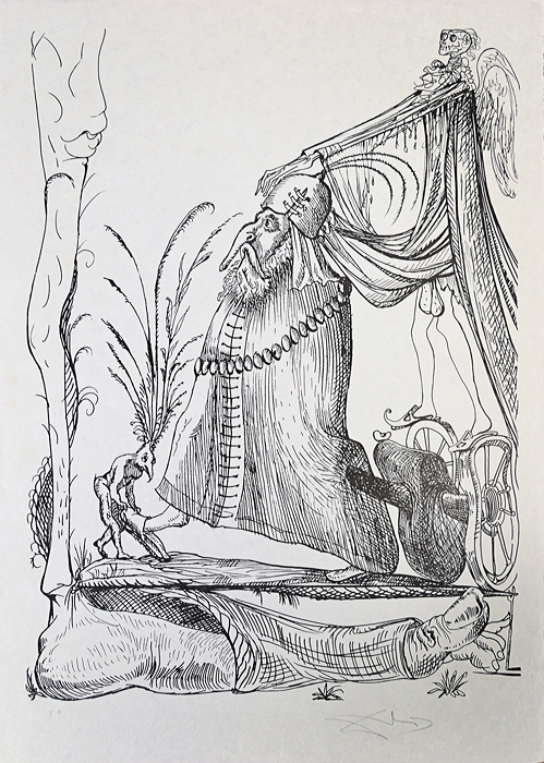 Сон двадцать пятый. Серия Озорные сны Пантагрюэля. Сальвадор Дали, 1973 год15969 Сон двадцать пятый. Серия Озорные сны Пантагрюэля. Сальвадор Дали, 1973 год15969Сон двадцать пятый. Серия Озорные сны Пантагрюэля (Les Songes drolatiques de Pantagruel). Автор - Сальвадор Дали (1904-1989), испанский художник, один из самых известных представителей сюрреализма. Размер 75 х 53 см. Бумага Japon. Тираж 455 экз. Литография. Париж, изд. Carpentier, 1973 год. Работа отмечена в каталоге Dali: The Catalogue Raisonne of Etchings and Mixed-Media Prints, (1924-1980) (изд. Prestel, 1993) под № 1422