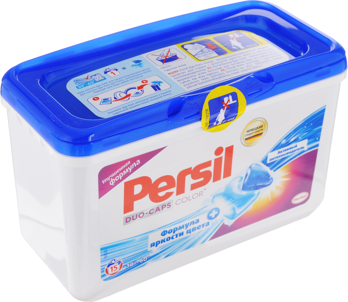 Капсулы для стирки Persil Color Duo-Caps, 15 шт935045 Капсулы для стирки Persil Color Duo-Caps, 15 шт935045Капсулы Persil Color Duo-Caps - высококонцентрированное жидкое средство для стирки с улучшенной формулой яркости цвета и активным пятновыводителем. Persil Color Duo-Caps - последняя инновация в линейке средств для стирки. Подходит для цветных и белых изделий из хлопчатобумажных, льняных, синтетических тканей и тканей из смешанных волокон (кроме шерсти и шелка) в стиральных машинах-автоматах в воде любой жесткости. Пленка 100% водорастворима. Состав: 15 - 30% анионные ПАВ, неионогенные ПАВ, 5-15% мыло, Товар сертифицирован.
