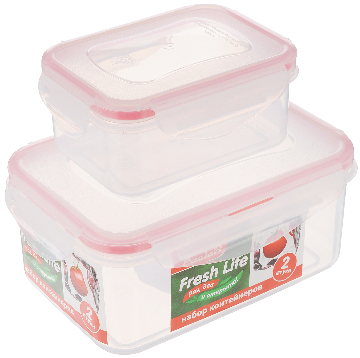 Набор контейнеров для хранения продуктов Paclan Fresh Life, 2 шт136070/414001 Набор контейнеров для хранения продуктов Paclan Fresh Life, 2 шт136070/414001Набор контейнеров Paclan Fresh Life, выполненных из полипропилена, предназначен для хранения, заморозки и разогрева в микроволновой печи (при снятой крышке). После использования промыть теплой водой. Можно мыть в посудомоечной машине. Не пригодны для приготовления пищи. Объем контейнеров: 0,4 л и 1 л. Высота стенок большого контейнера: 7 см. Размер большого контейнера (по верхнему краю): 16,5 х 11 см. Высота стенок маленького контейнера: 5 см. Размер маленького контейнера (по верхнему краю): 11,5 х 8,5 см.