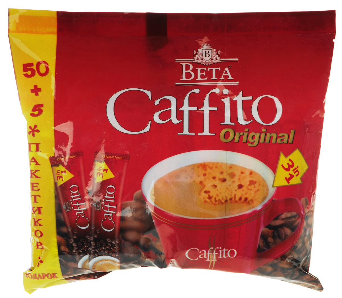 Beta Caffito кофейный напиток 3 в 1, 50 шт + 5 шт4607014864046 Beta Caffito кофейный напиток 3 в 1, 50 шт + 5 шт4607014864046Beta Caffito - превосходный кофейный напиток со сливками. Удобные порционные пакетики 3 в 1 позволяют моментально приготовить чашку ароматного кофе.