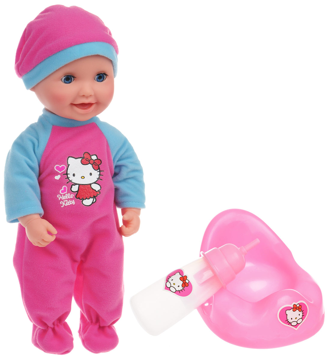 Карапуз Пупс Hello Kitty цвет одежды розовый голубой82907-RU-HELLO KITTY Карапуз Пупс Hello Kitty цвет одежды розовый голубой82907-RU-HELLO KITTYОчаровательный пупс Карапуз Hello Kitty приведет в восторг вашу малышку и доставит ей много удовольствия от часов, посвященных игре с ним. Кукла выглядит как настоящий малыш. Она одета в костюмчик, украшенный изображением Hello Kitty и шапочку. У пупса подвижные голова, ножки и ручки. В комплект входят аксессуары для ухода за малышом: бутылочка для кормления и горшок. Малыш пьет из бутылочки и писает в горшочек. Если пупса положить - он закроет глазки. Куклу можно купать. Игра с куклой разовьет в вашей малышке чувство ответственности и заботы. Порадуйте свою принцессу таким великолепным подарком!