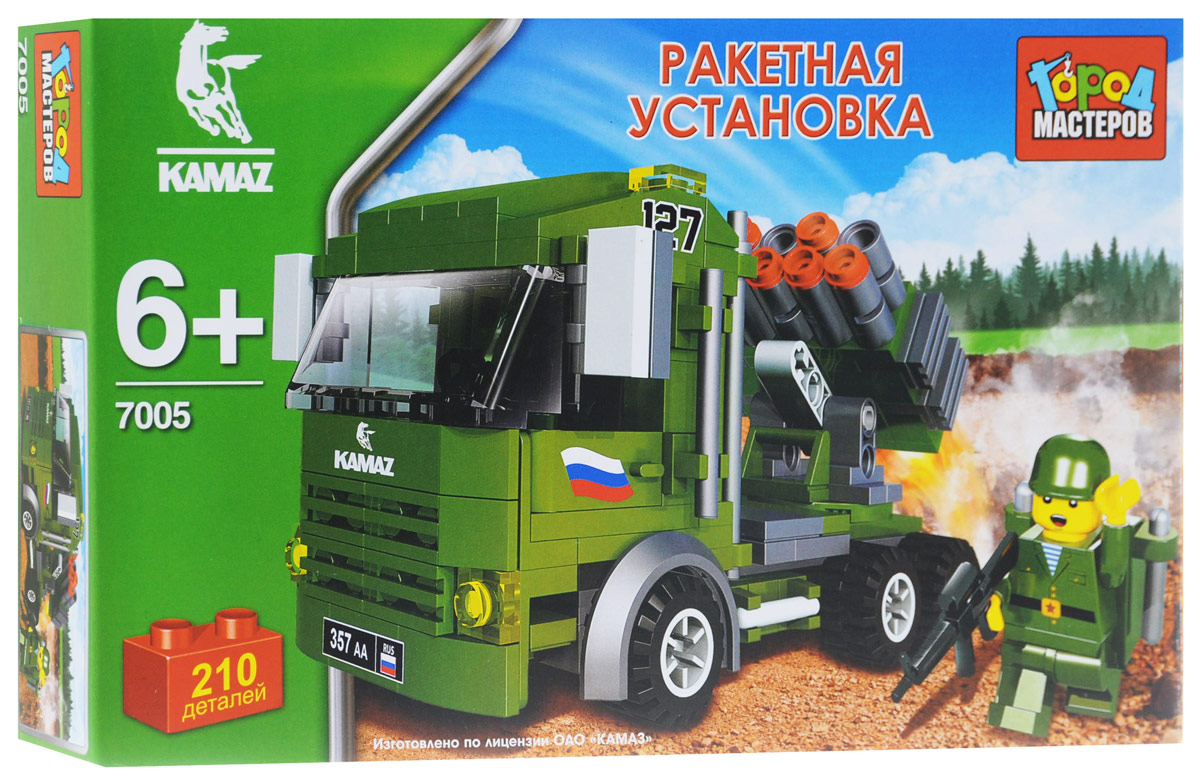 Город мастеров Конструктор Камаз Ракетная установкаKK-7005-R Город мастеров Конструктор Камаз Ракетная установкаKK-7005-RКонструктор Город мастеров Камаз. Ракетная установка обязательно привлечет внимание вашего ребенка. В набор входит 210 пластиковых элементов, с помощью которых ваш ребенок сможет собрать ракетную установку. Элементы конструктора легко скрепляются между собой, а также совместимы с конструкторами мировых производителей. В комплект входит также фигурка водителя. Конструктор станет замечательным сюрпризом вашему ребенку, который будет способствовать развитию мелкой моторики рук, внимательности, усидчивости и мышления. Играя с конструктором, ребенок научится собирать детали по образцу, проводить время с пользой и удовольствием.