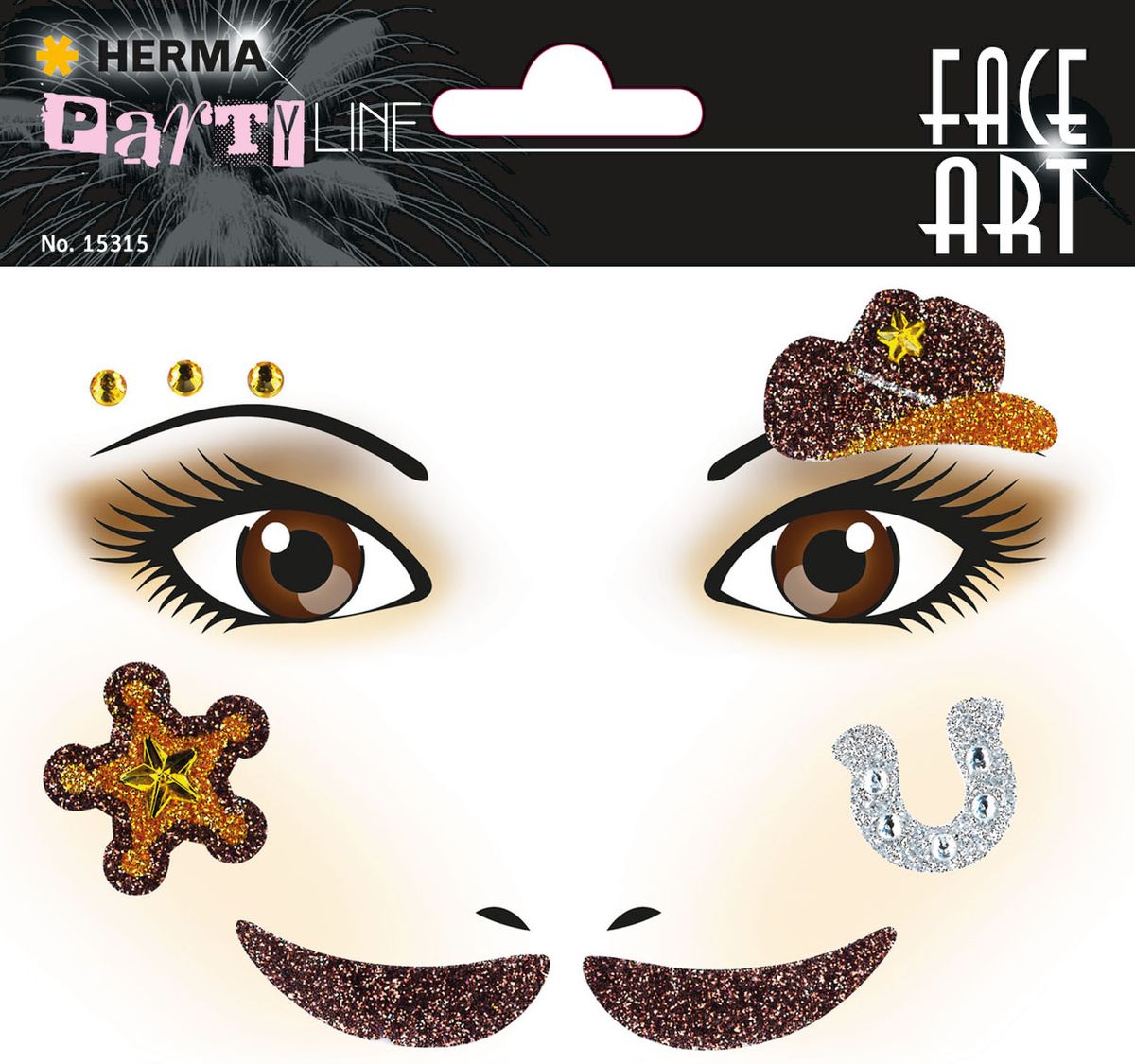 Herma Наклейки на лицо Face Art Cowboy (Ковбой)15315 Herma Наклейки на лицо Face Art Cowboy (Ковбой)15315Face Art (фэйсарт) – это новое направления творчества и искусства. В последнее время фэйсарт стал достаточно популярным и востребованным направлением творчества. Что такое - фэйс арт, это искусство рисования разноцветными красками на лице. Face Art decor от Herma - это серия наклеек для фэйс арта с наиболее популярными мотивами. Face Art decor от Herma - это гламурно, стильно и ярко! Наклейки прошли дерматологические испытания. Инструкция: 1. Аккуратно снимите наклейку и наклейте на лицо. 2. Можно завершить образ с помощью макияжа. 3. Наклейка легко снимается, аккуратно удалите наклейку с лица и умойте лицо водой. 4. Не подходит для чувствительной кожи.
