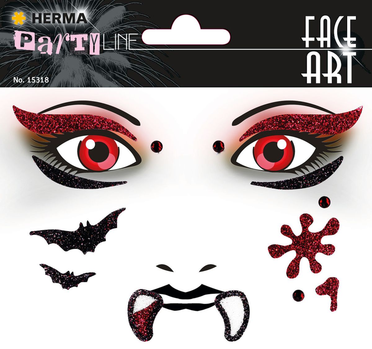 Herma Наклейки на лицо Face Art Vampire (Вампир)15318 Herma Наклейки на лицо Face Art Vampire (Вампир)15318Face Art (фэйсарт) – это новое направления творчества и искусства. В последнее время фэйсарт стал достаточно популярным и востребованным направлением творчества. Что такое - фэйс арт, это искусство рисования разноцветными красками на лице. Face Art decor от Herma - это серия наклеек для фэйс арта с наиболее популярными мотивами. Face Art decor от Herma - это гламурно, стильно и ярко! Наклейки прошли дерматологические испытания. Инструкция: 1. Аккуратно снимите наклейку и наклейте на лицо. 2. Можно завершить образ с помощью макияжа. 3. Наклейка легко снимается, аккуратно удалите наклейку с лица и умойте лицо водой. 4. Не подходит для чувствительной кожи.