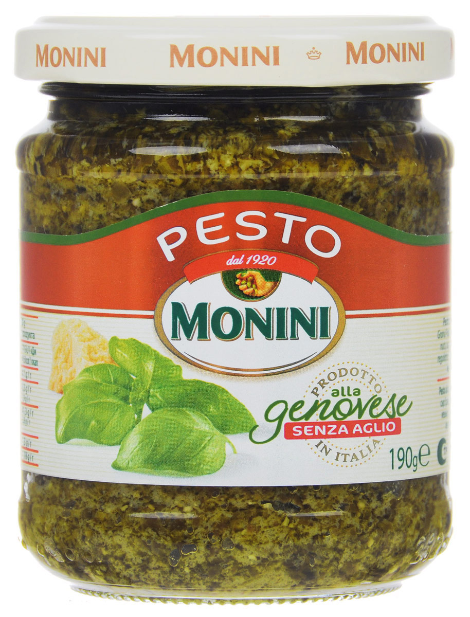 Monini Pesto Alla Genovese соус песто без чеснока, 190 г0510014 Monini Pesto Alla Genovese соус песто без чеснока, 190 г0510014Соус песто без чеснока от Monini, в отличии от классического, легкий с мягким тонким ароматом. Подходит для тех, кто не любит резкий запах и вкус чеснока. Отлично сочетается с пастой, лазаньей, салатами и супами.