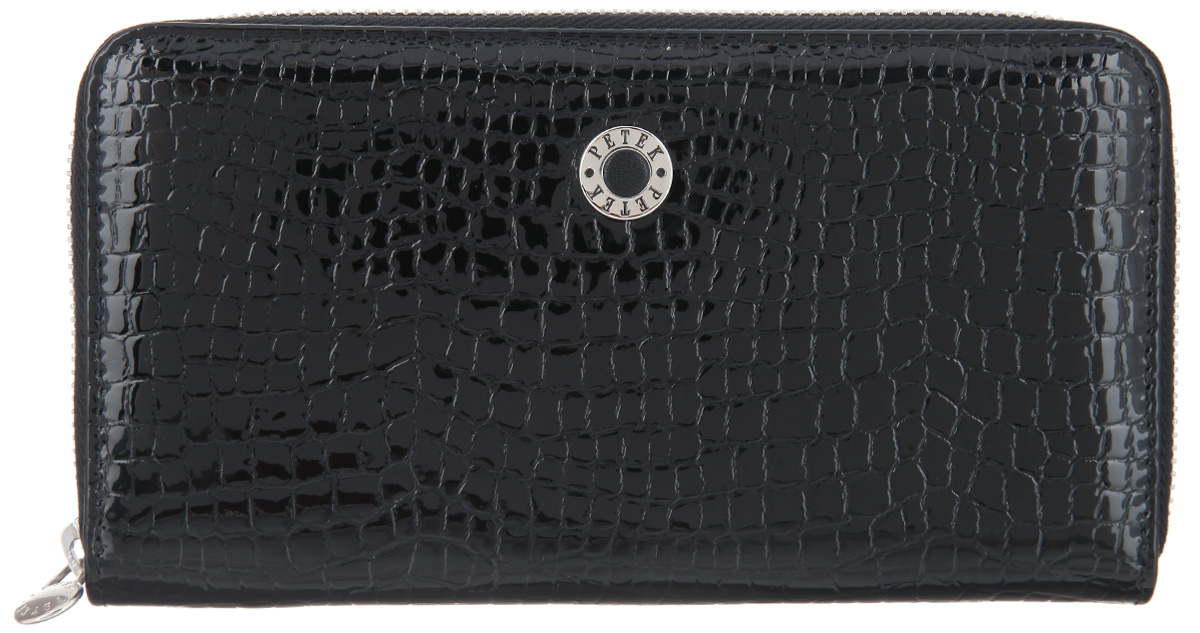Портмоне женское Petek 1855, цвет: черный. 397/2.091.01397/2.091.01 Black Портмоне женское Petek 1855, цвет: черный. 397/2.091.01397/2.091.01 BlackСтильное женское портмоне Petek 1855 изготовлено из натуральной лакированной кожи с тиснением под рептилию. Портмоне закрывается на застежку-молнию. Внутри находятся два отделения для купюр, между которыми расположен карман на застежке-молнии для мелочи, двенадцать кармашков для визиток и пластиковых карт и два потайных кармана. Портмоне упаковано в фирменную коробку. Такое портмоне станет замечательным подарком человеку, ценящему качественные и практичные вещи.