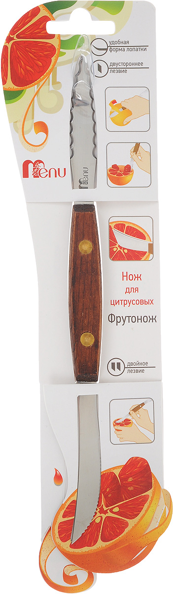 Нож для цитрусовых Menu Фрутонож, длина 20,5 смFRN-01 Нож для цитрусовых Menu Фрутонож, длина 20,5 смFRN-01Нож для цитрусовых Menu Фрутонож выполнен из нержавеющей стали и дерева. Такой инструмент необходим на каждой современной кухне. С одной стороны, нож имеет загнутое лезвие для быстрого и легкого очищения цитрусовых фруктов от кожуры. С другой стороны он имеет двойное зубчатое лезвие, которое позволяет аккуратно отделить мякоть фрукта от мембран, а затем достать ее. При использовании двойного лезвия для извлечения мякоти не очищайте фрукт предварительно, просто разрежьте его пополам. Не рекомендуется мыть в посудомоечной машине. Общая длина ножа: 20,5 см. Длина двойного лезвия: 6,5 см. Длина загнутого лезвия: 6 см.