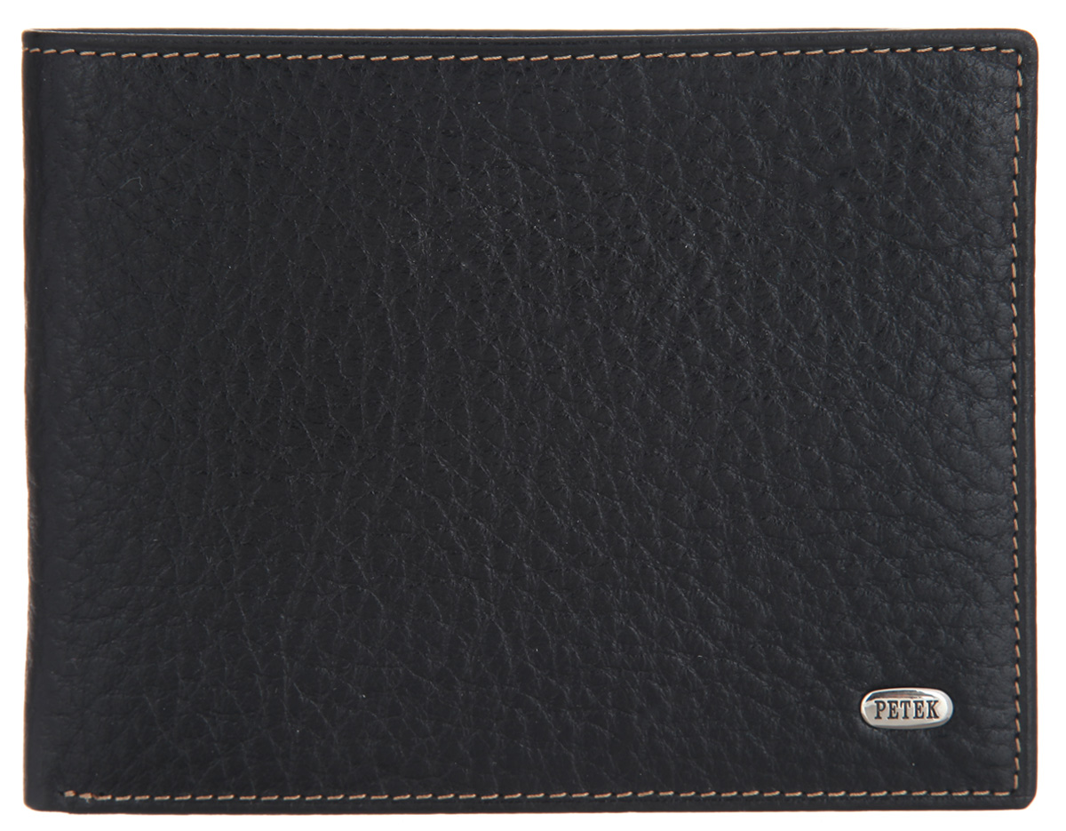 Портмоне мужское Petek 1855, цвет: черный. 101.46B.KD1101.46B.KD1 Black Портмоне мужское Petek 1855, цвет: черный. 101.46B.KD1101.46B.KD1 BlackСтильное мужское портмоне Petek 1855 выполнено из натуральной кожи с фактурным тиснением и оформлено контрастной прострочкой. Лицевая сторона оформлена металлической пластиной с гравировкой в виде названия бренда. Изделие раскладывается пополам. Портмоне содержит два отделения для купюр, карман на кнопке для мелочи, потайной карман и карман для визиток и пластиковых карт. Портмоне упаковано в фирменную коробку. Такое портмоне станет отличным подарком для человека, ценящего качественные и стильные вещи.