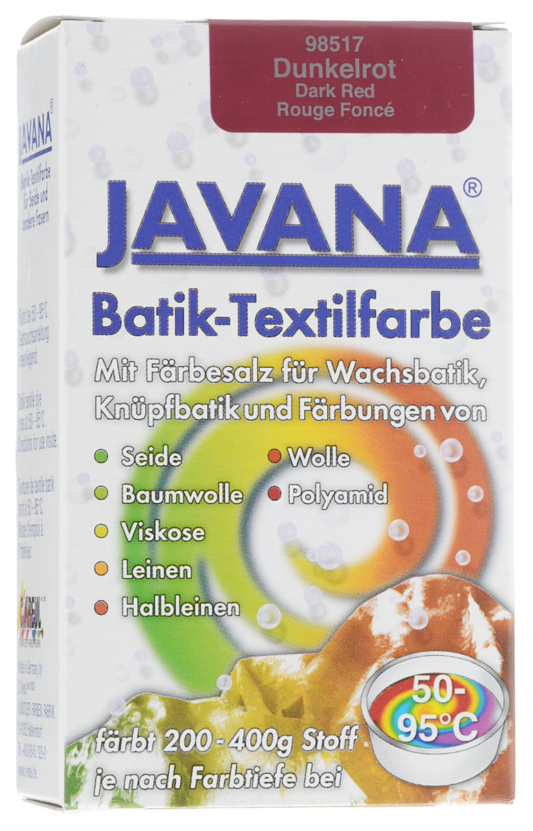 Краситель порошковый для ткани Kreul Javana Batik, горячей фиксации, цвет: темно-красный, 75 гKR-98517 Краситель порошковый для ткани Kreul Javana Batik, горячей фиксации, цвет: темно-красный, 75 гKR-98517Краситель порошковый для ткани Kreul Javana Batik предназначен для окрашивания шелка, хлопка, льна, вискозы, шерсти и полиамида. Способ применения: 1 пакет красителя растворить в 6 литрах воды для окрашивания 400 г сухой ткани. Для шелка, шерсти - добавить 300 мл уксуса. Поставить на водяную баню при умеренной температуре (от +50°С до +90°С), постоянно помешивая в течение часа. Дать остыть ткани в красителе, прополоскать в теплой воде. Стирать отдельно при температуре 40°С. Батик - древнейшее искусство декорирования текстиля и предметов интерьера. Это самый древний вид росписи из существующих в наше время. Он известен уже более 2000 лет. Изделия из расписанных тканей находят утилитарное применение в одежде, аксессуарах и декоре современных интерьеров. Используя новые техники и материалы, вы можете создать индивидуальный стиль, привнести в жизнь яркие краски, тепло и уют.