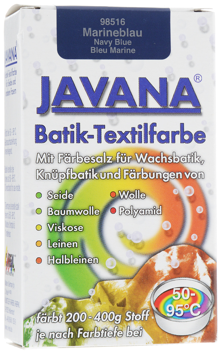 Краситель порошковый для ткани Kreul Javana Batik, горячей фиксации, цвет: темно-синий, 75 гKR-98516 Краситель порошковый для ткани Kreul Javana Batik, горячей фиксации, цвет: темно-синий, 75 гKR-98516Краситель порошковый для ткани Kreul Javana Batik предназначен для окрашивания шелка, хлопка, льна, вискозы, шерсти и полиамида. Способ применения: 1 пакет красителя растворить в 6 литрах воды для окрашивания 400 г сухой ткани. Для шелка, шерсти - добавить 300 мл уксуса. Поставить на водяную баню при умеренной температуре (от +50°С до +90°С), постоянно помешивая в течение часа. Дать остыть ткани в красителе, прополоскать в теплой воде. Стирать отдельно при температуре 40°С. Батик - древнейшее искусство декорирования текстиля и предметов интерьера. Это самый древний вид росписи из существующих в наше время. Он известен уже более 2000 лет. Изделия из расписанных тканей находят утилитарное применение в одежде, аксессуарах и декоре современных интерьеров. Используя новые техники и материалы, вы можете создать индивидуальный стиль, привнести в жизнь яркие краски, тепло и уют.