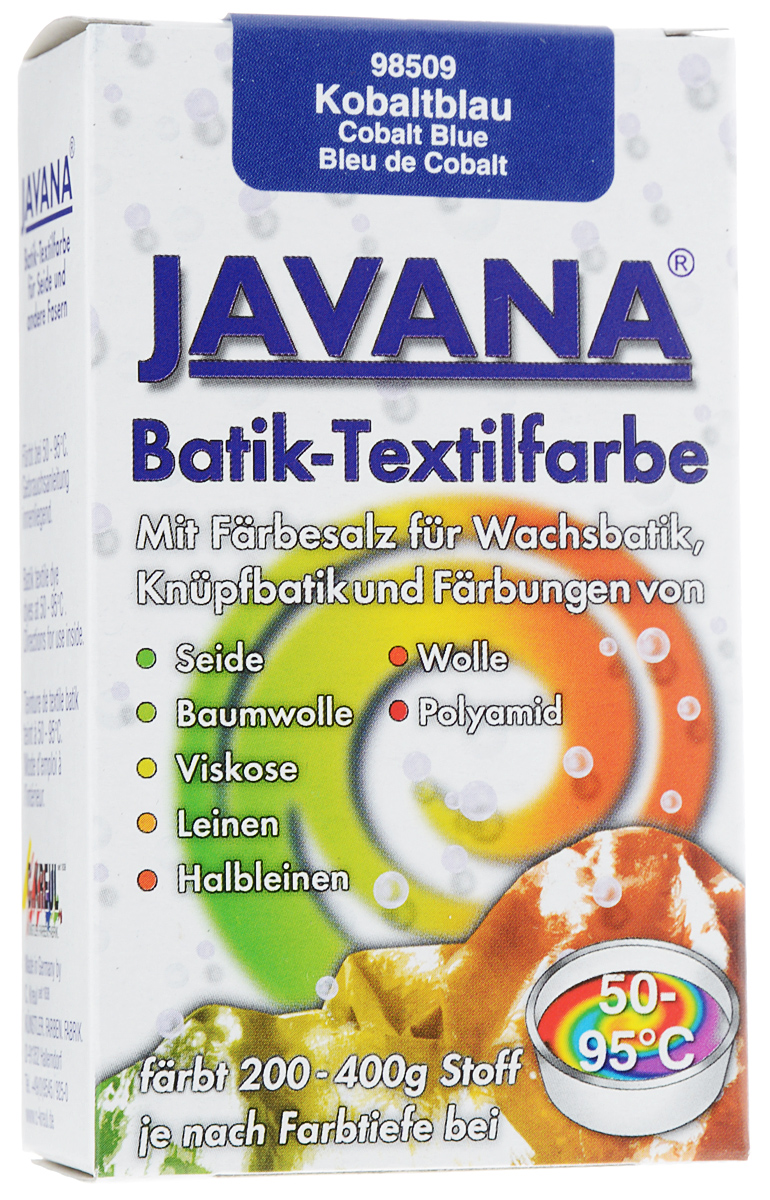 Краситель порошковый для ткани Kreul Javana Batik, горячей фиксации, цвет: синий кобальт, 75 гKR-98509 Краситель порошковый для ткани Kreul Javana Batik, горячей фиксации, цвет: синий кобальт, 75 гKR-98509Краситель порошковый для ткани Kreul Javana Batik предназначен для окрашивания шелка, хлопка, льна, вискозы, шерсти и полиамида. Способ применения: 1 пакет красителя растворить в 6 литрах воды для окрашивания 400 г сухой ткани. Для шелка, шерсти - добавить 300 мл уксуса. Поставить на водяную баню при умеренной температуре (от +50°С до +90°С), постоянно помешивая в течение часа. Дать остыть ткани в красителе, прополоскать в теплой воде. Стирать отдельно при температуре 40°С. Батик - древнейшее искусство декорирования текстиля и предметов интерьера. Это самый древний вид росписи из существующих в наше время. Он известен уже более 2000 лет. Изделия из расписанных тканей находят утилитарное применение в одежде, аксессуарах (шарфы, платки) и декоре современных интерьеров. Используя новые техники и материалы, вы можете создать индивидуальный стиль, привнести в жизнь яркие краски, тепло и уют.